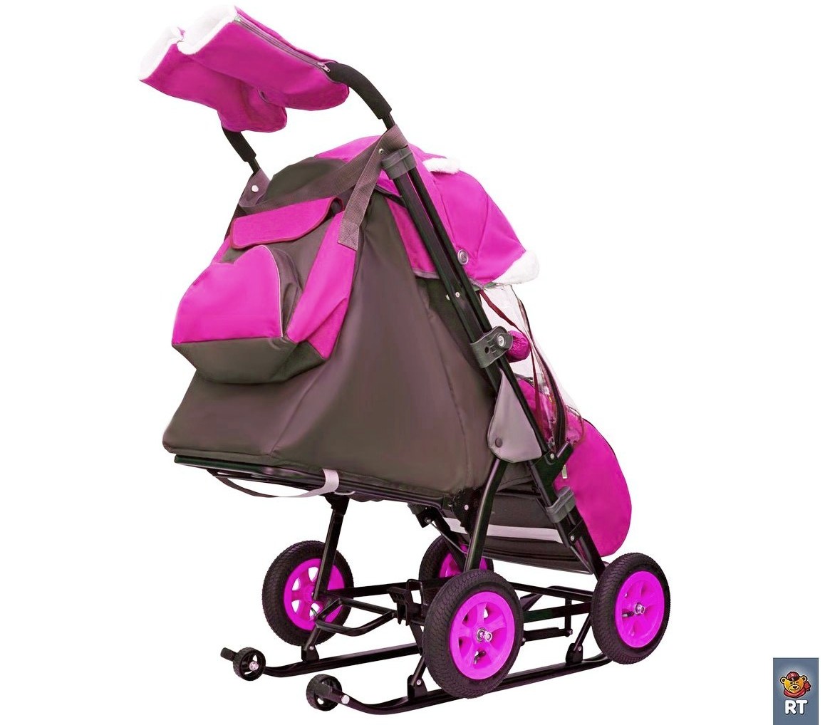 Санки-коляска Snow Galaxy - City-1-1 - Мишка в красной футболке в очках, цвет розовый на больших надувных колесах, сумка, варежки  