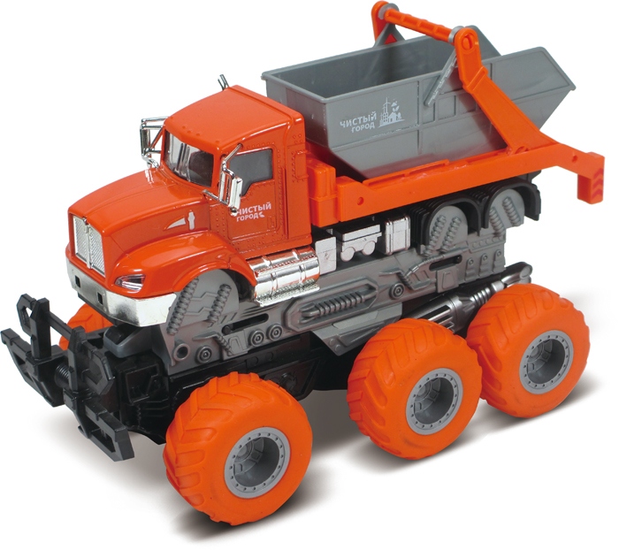 

Мусоровоз с краш-эффектом, кабина die-cast, фрикционный, 6х6, 1:43