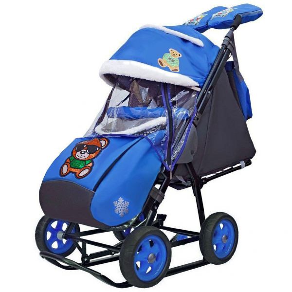 

Санки-коляска Snow Galaxy City-1 - Зеленый Мишка на синем, на больших колесах Eva, сумка, варежки