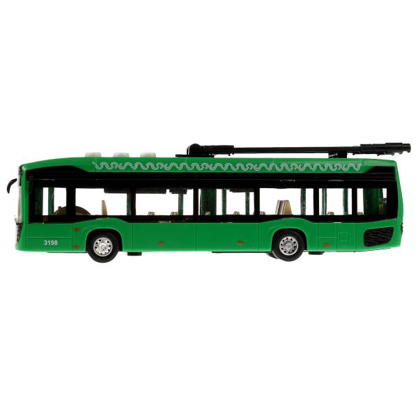 Модель Городской троллейбус свет-звук 19 см 3 кнопки инерционная пластиковая зеленая  