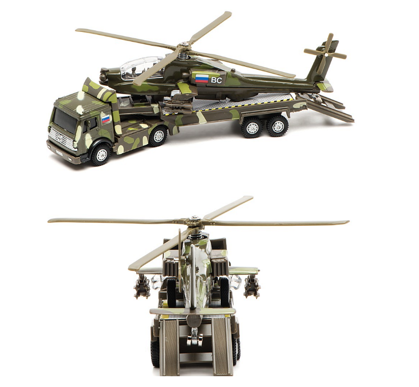 Трейлер Военный с вертолетом, металлический, инерционный, свет и звук  