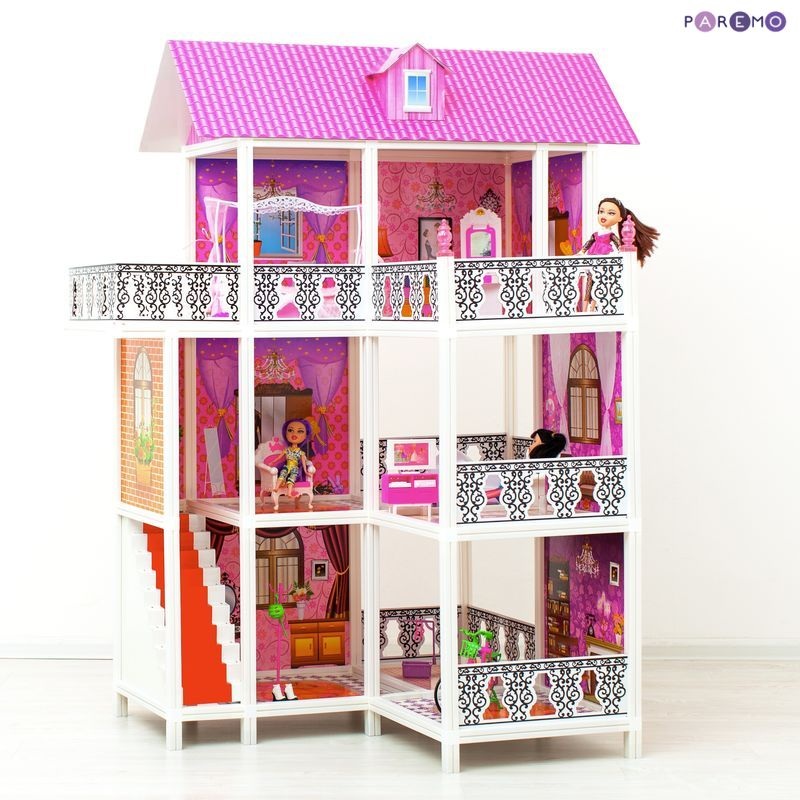 Угловой 3-этажный кукольный дом, 6 комнат, мебель, 3 куклы, велосипед  