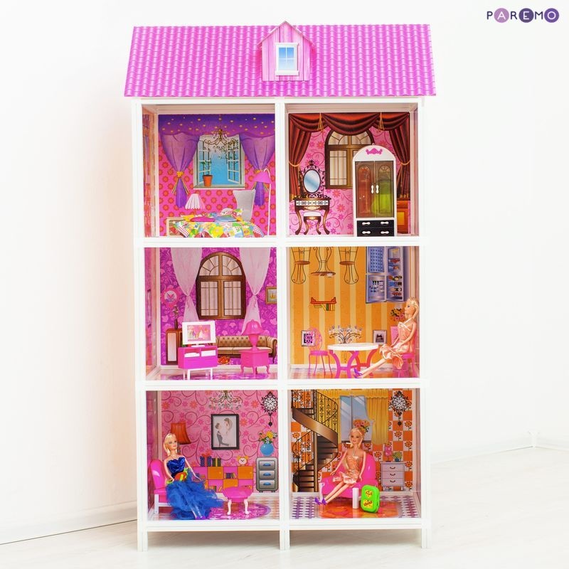 3-этажный кукольный дом, 6 комнат, мебель, 3 куклы  