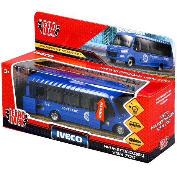 Модель Автобус Iveco Daily свет-звук 15 см двери открываются синий металлическая инерционная  