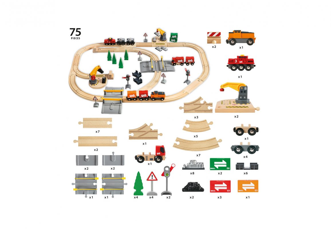 Подарочный набор – Железная дорога с подъемниками, переездами, грузами и поездом, 75 деталей  