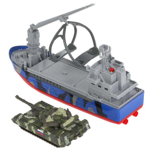 Модель Военный транспортный корабль с танком свет-звук 17 см металлическая инерционная  