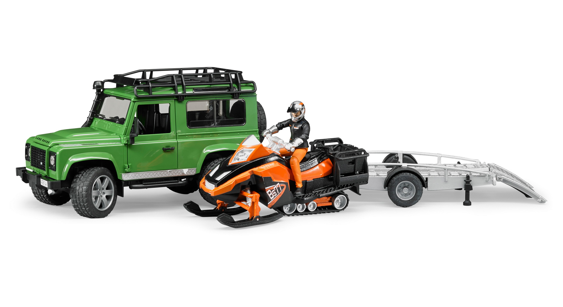 

Внедорожник Land Rover Defender с прицепом, снегоходом и водителем