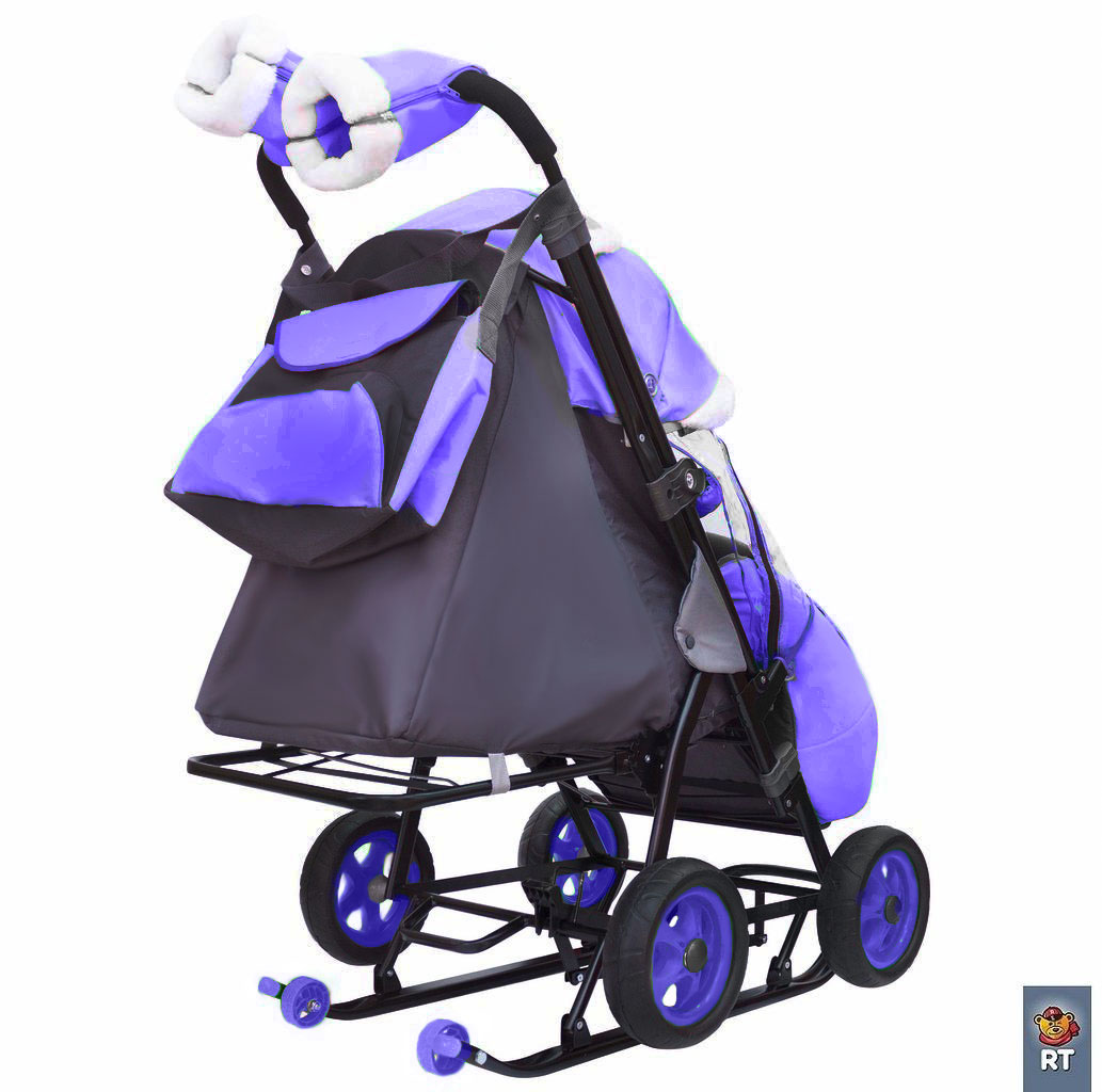 Санки-коляска Snow Galaxy - City-1 - Серый Зайка, цвет фиолетовый, на больших колесах Ева, сумка, варежки  