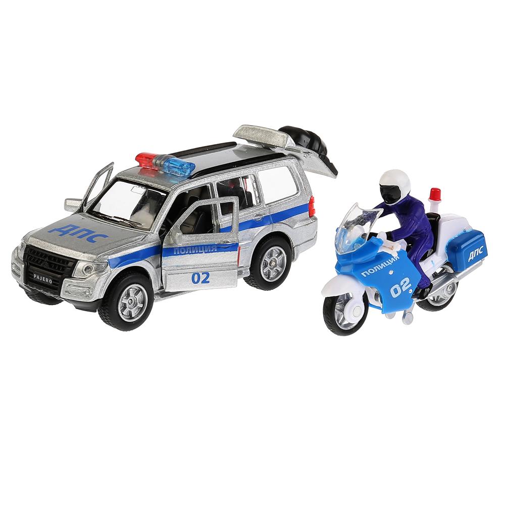 Машина металлическая Mitsubishi Pajero – Полиция, 12 см с инерционным мотоциклом на прицепе +MO-WB) 
