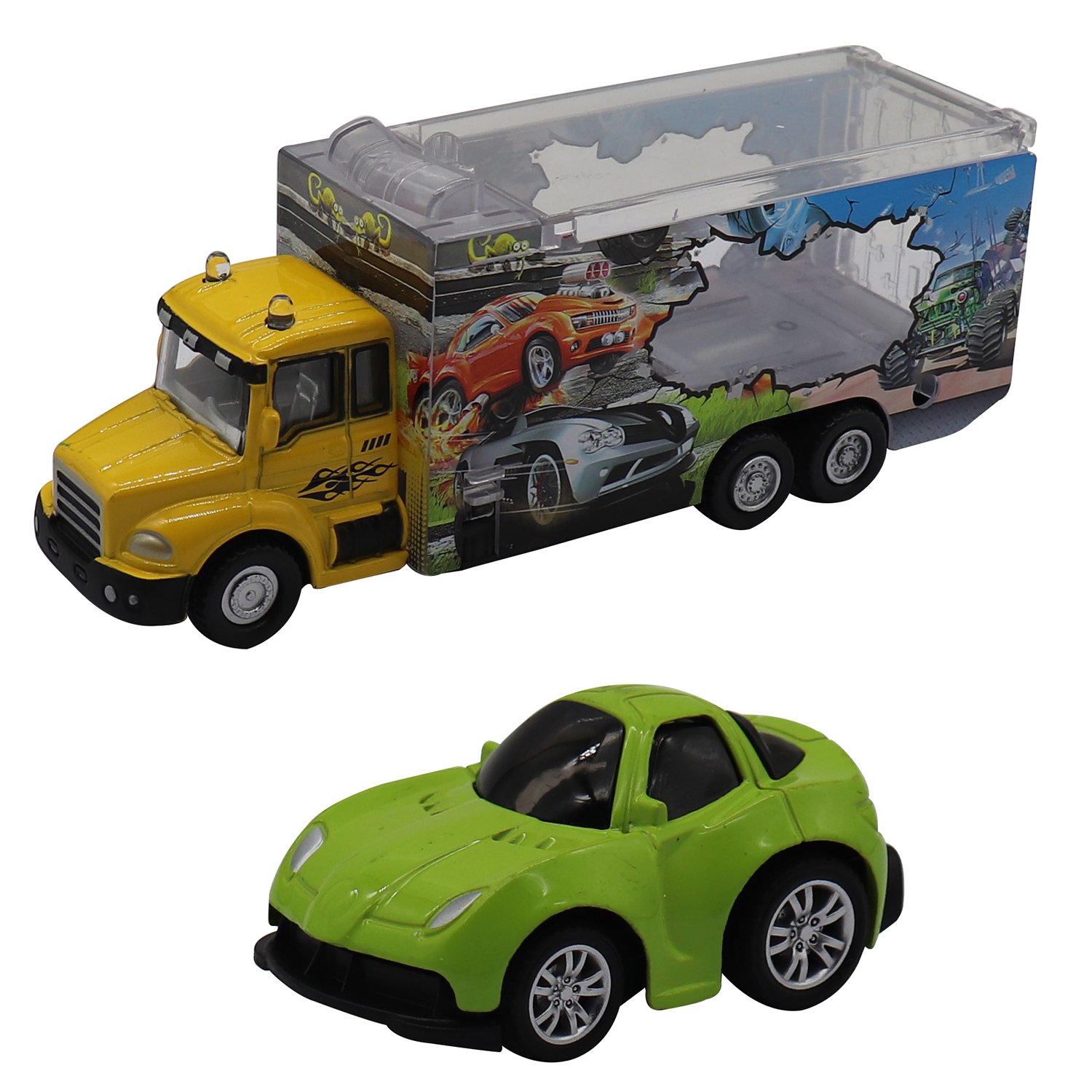 

Набор Die-Cast - Грузовик с гоночной машинкой зеленого цвета, масштаб 1:60