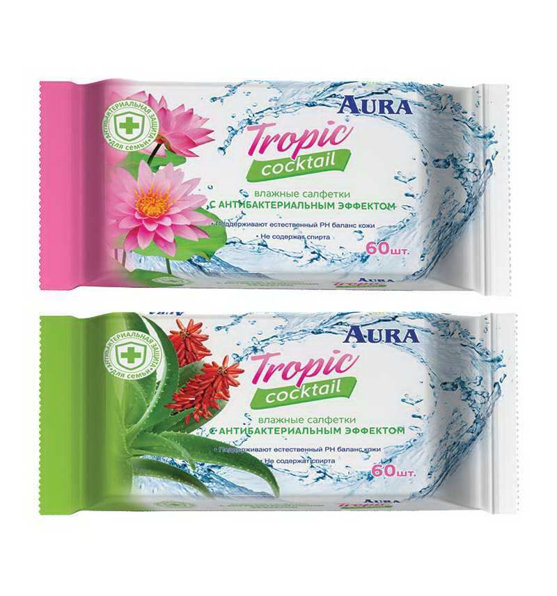 

Салфетки влажные антибактериальные - Aura Tropic Cocktail, 60 штук