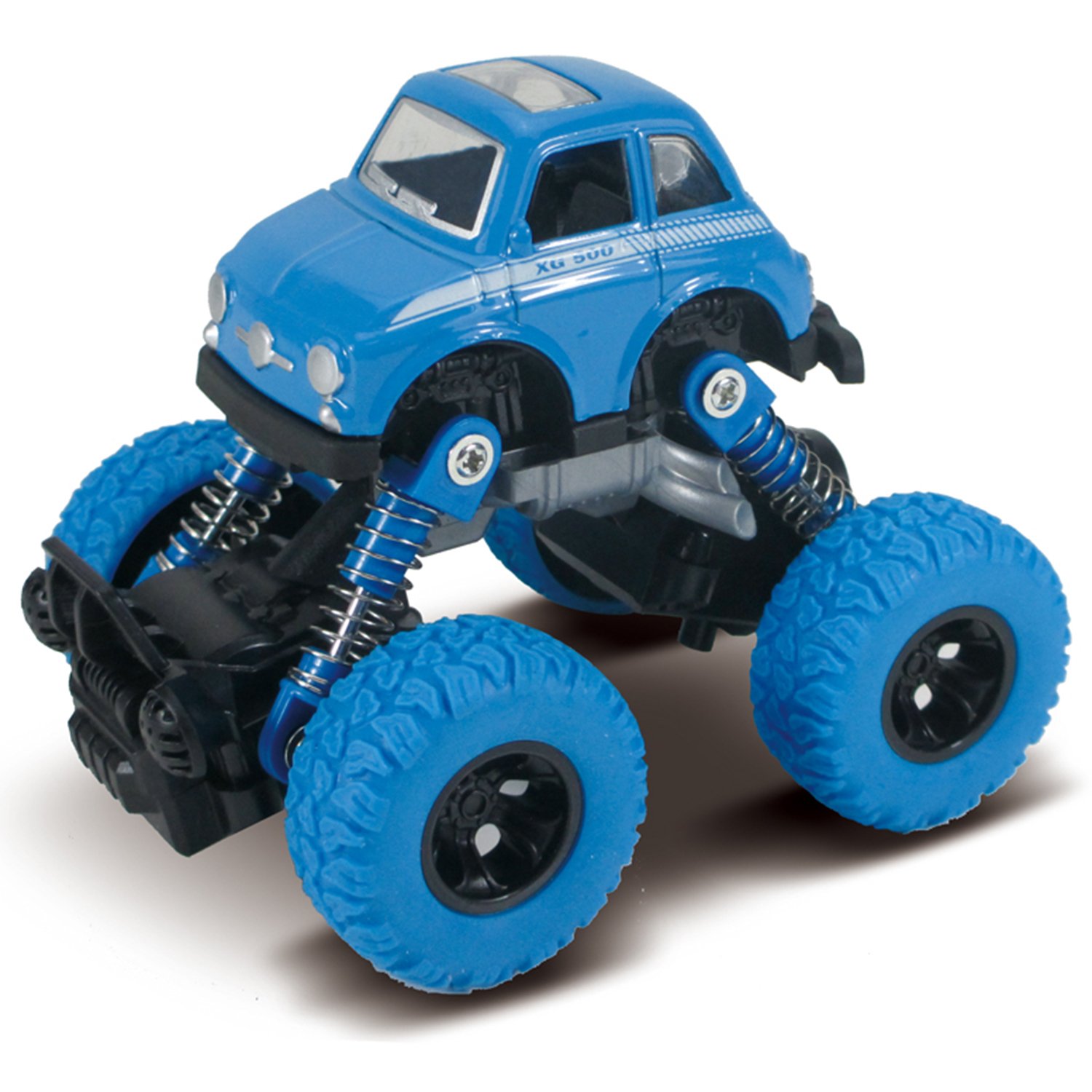 

Машинка die-cast синяя, инерционный механизм, рессоры, масштаб 1:46