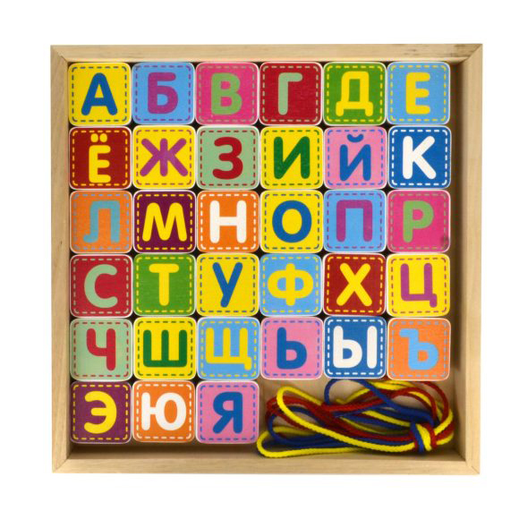 

Шнуровка деревянная - Азбука, 33 детали с буквами, 4 шнурка