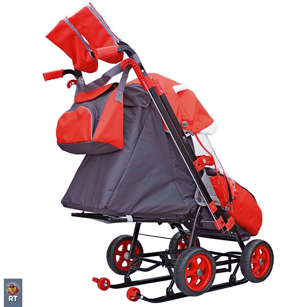 Санки-коляска Snow Galaxy City-2 - Мишка с бабочкой на красном, на больших колесах Eva, сумка, варежки  