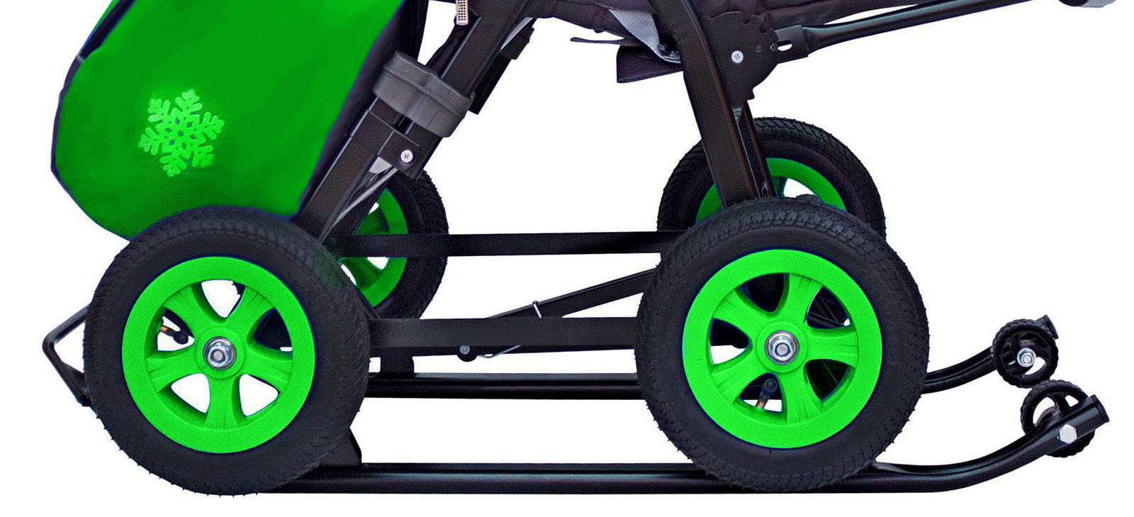 Санки-коляска Snow Galaxy - City-1-1 - Серый Зайка, цвет зеленый на больших надувных колесах, сумка, варежки  