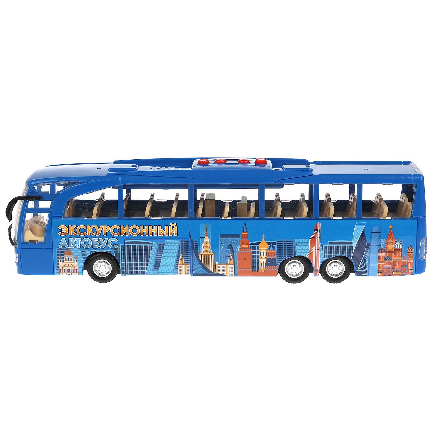 Модель Экскурсионный автобус 30 см свет-звук двери открываются пластиковая инерционная синий  