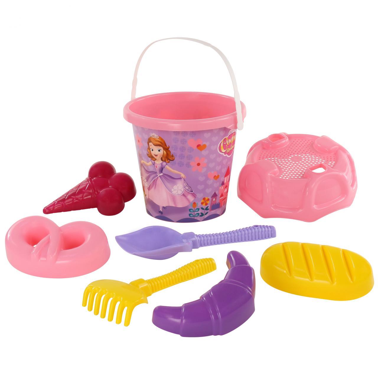 

Набор Disney София Прекрасная №2: ведро большое с наклейкой, ситечко большое №3, лопата №6, грабли №6, формочки 4 шт