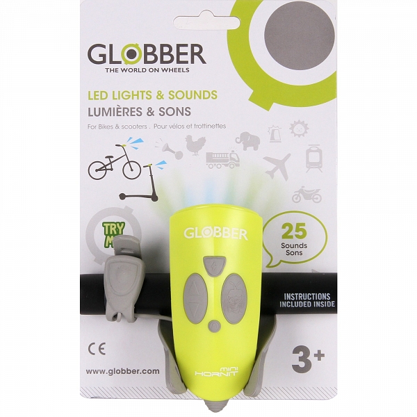 Звонок-фонарик Globber 525-106 для самокатов Mini Hornit, 25 мелодий Lime Green  