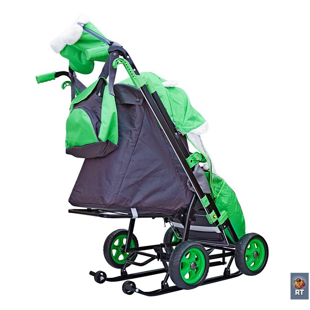 Санки-коляска Snow Galaxy City-2 - Совушки на зеленом, на больших колесах Ева, сумка, варежки  