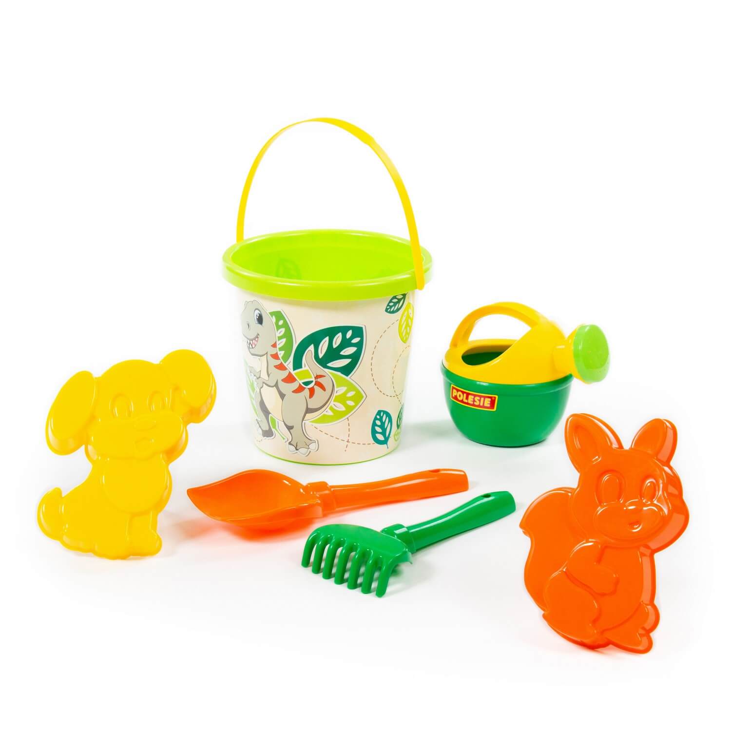 

Набор №311: ведро с наклейкой, лопатка №5, грабельки №5, формочки белочка + пёсик, лейка малая №4