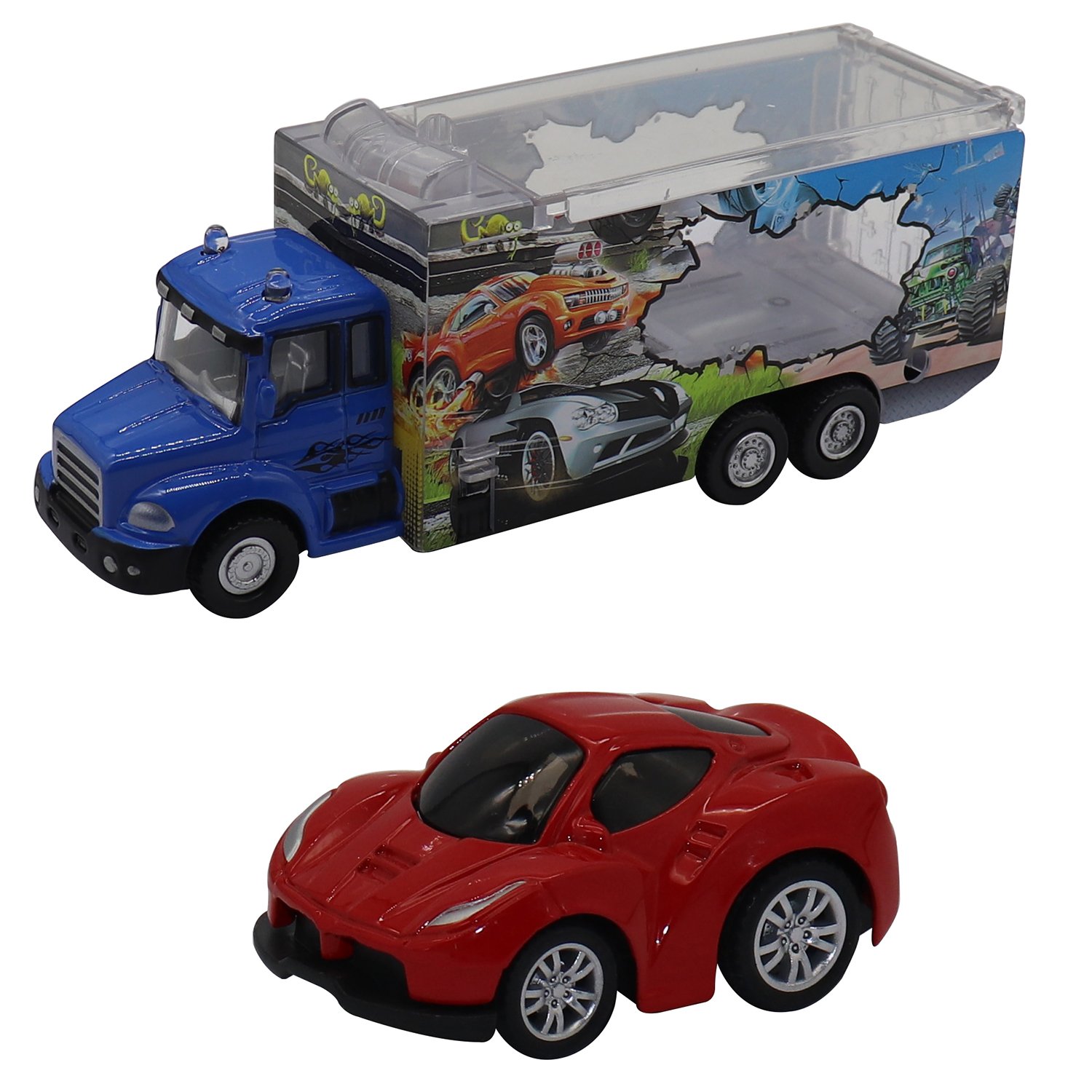 

Набор Die-Cast - Грузовик с гоночной машинкой красного цвета, масштаб 1:60