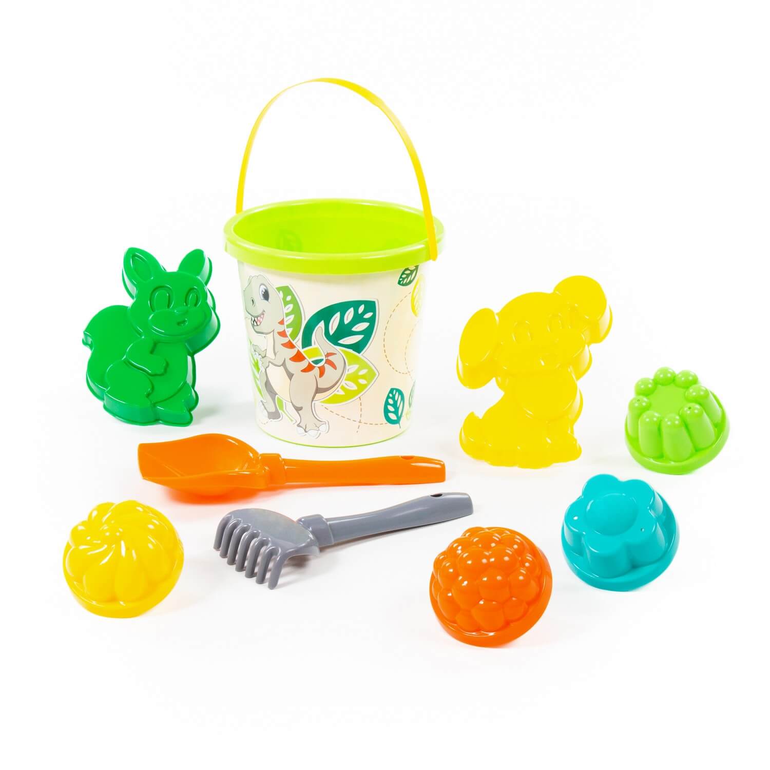 

Набор №125: ведро с наклейкой, лопатка №5, грабельки №5, формочки белочка и песик, 4 формочки