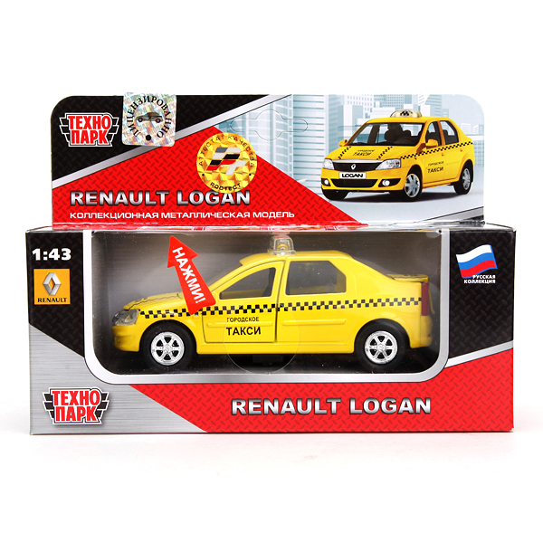 Металлическая инерционная машина - Renault Logan Такси, масштаб 1:43, со светом и звуком  