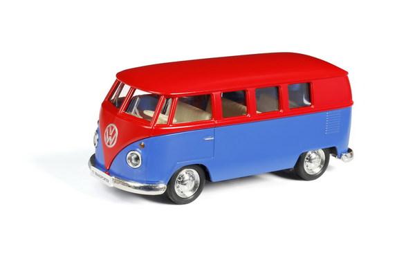 

Машина металлическая инерционная Автобус инерционный Volkswagen Type 2 T1 Transporter, цвет матовый красный с синим, 1:32 )
