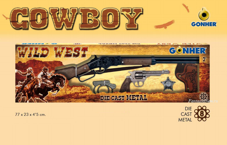 Ковбойский игровой набор с винтовкой и револьвером в кобуре на 8 зарядных пистонах, наручниками и звездой шерифа  