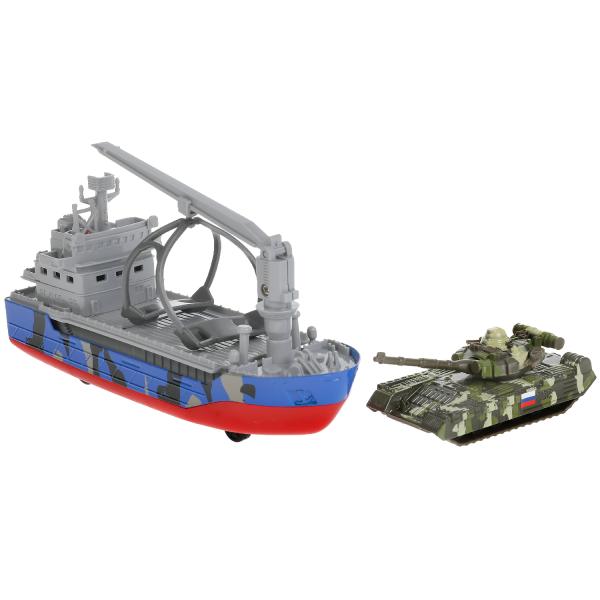 Модель Военный транспортный корабль с танком свет-звук 17 см металлическая инерционная  