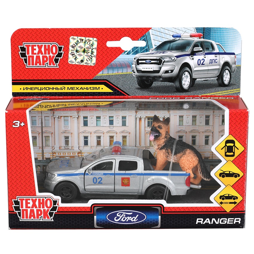 Модель Пикап Ford Ranger 20 см с собакой 4,5 см двери и багажник открываются инерционная металлическая  