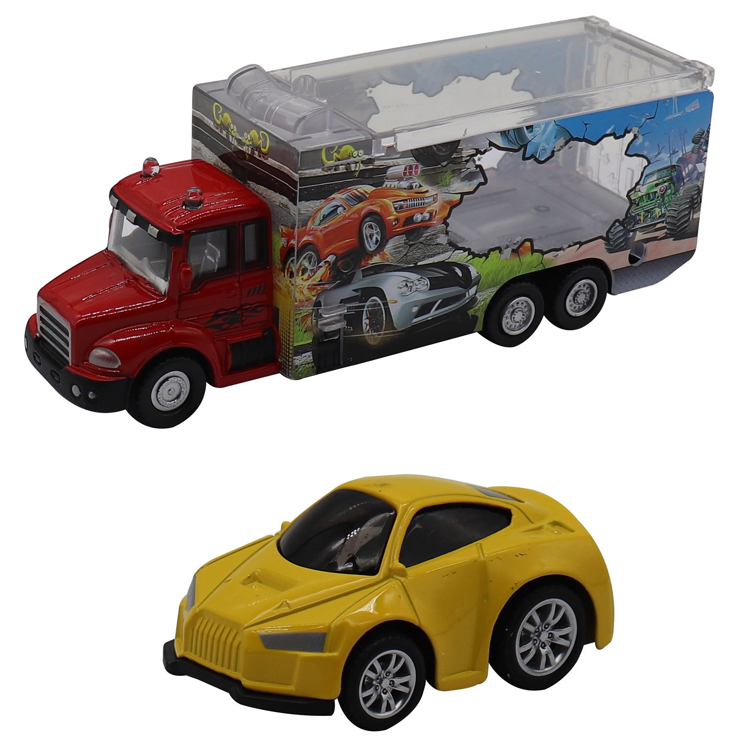 

Набор Die-Cast - Грузовик с гоночной машинкой желтого цвета, масштаб 1:60