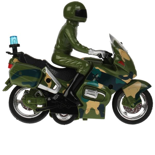 Модель Военный мотоцикл свет-звук 15 см 2 кнопки инерционная пластиковая  