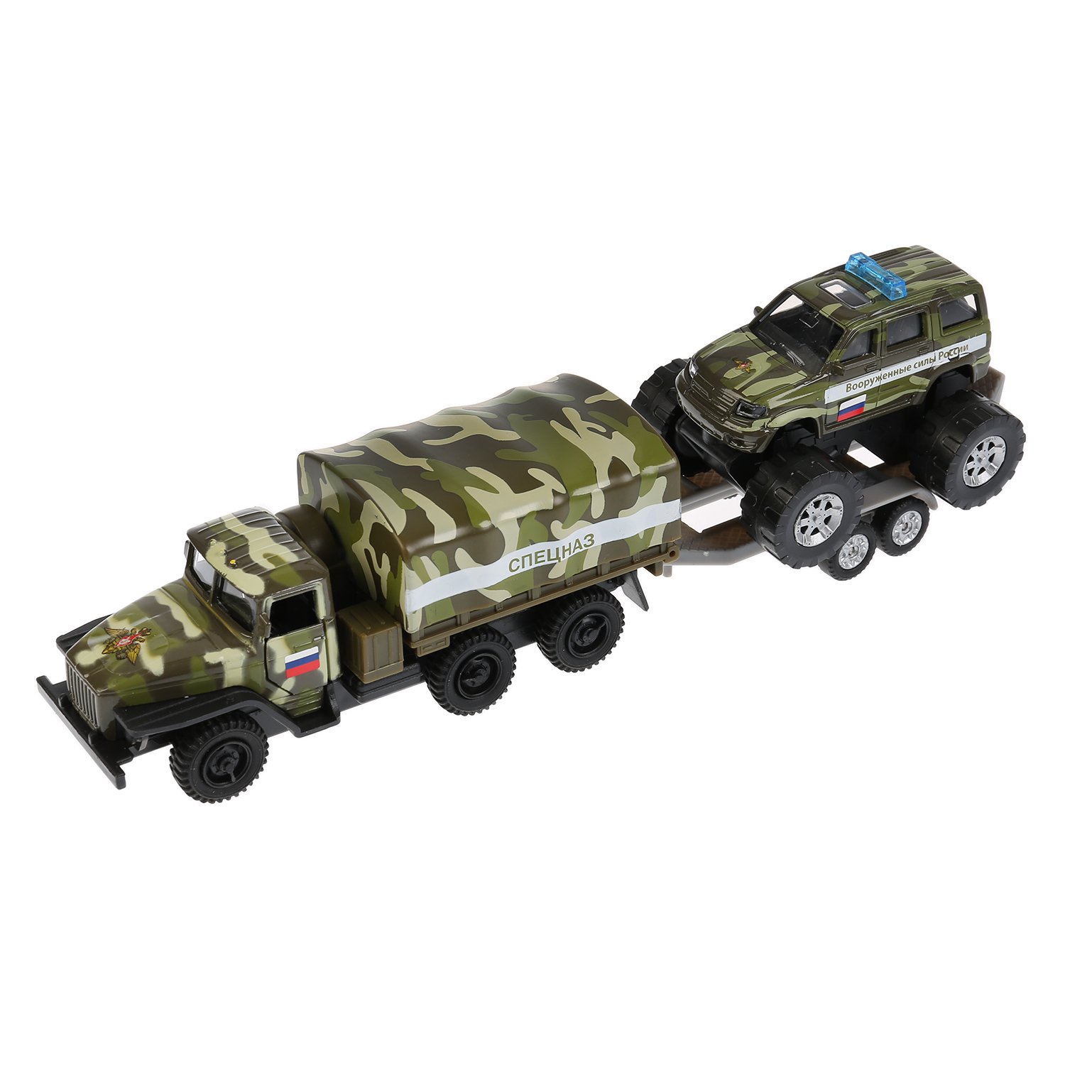Набор - металлический  инерционный грузовик  Урал  с тентом, 12 см и УАЗ Patriot, 7,5 см  