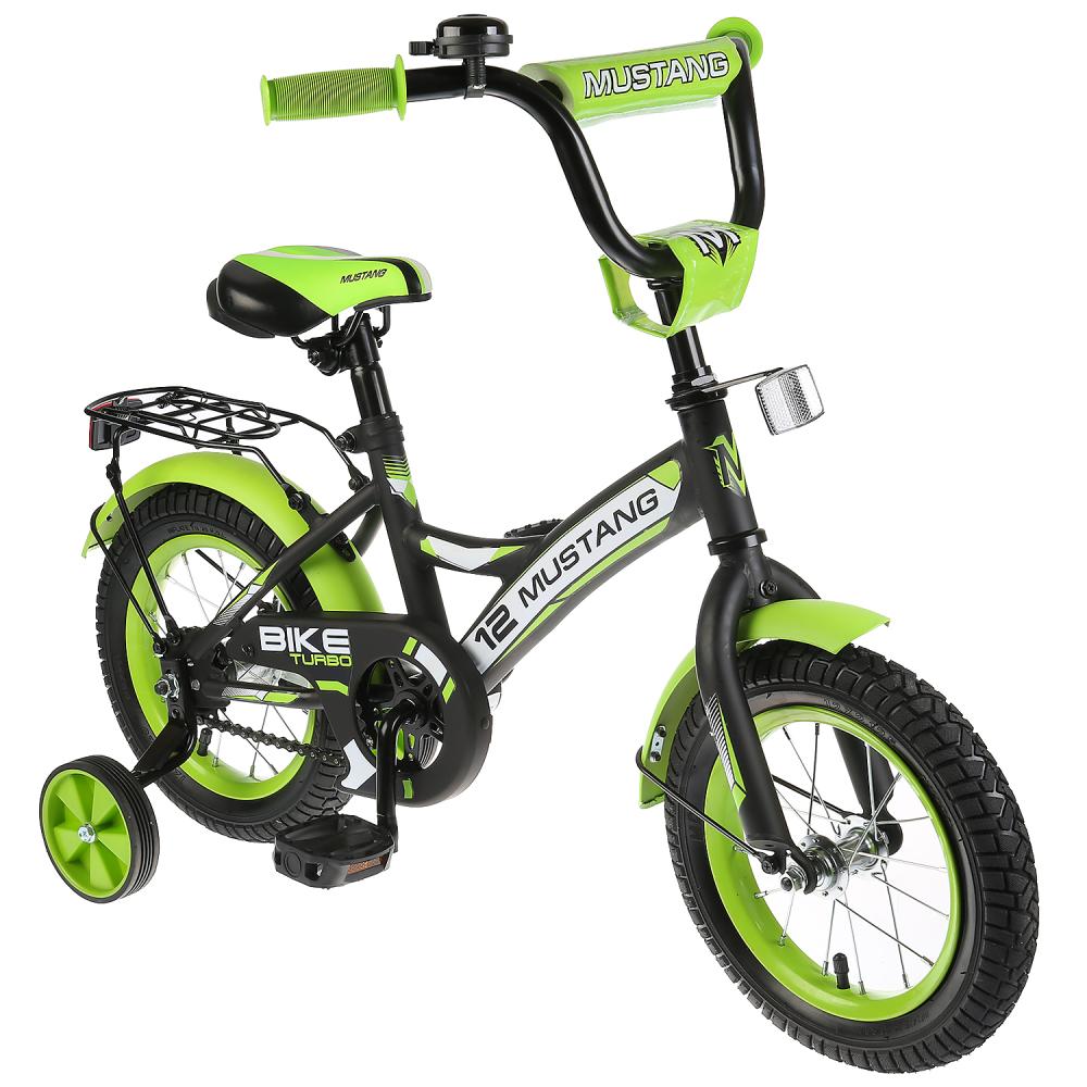 Велосипед детский двухколесный - Mustang, черно-зеленый матовый, колеса 12 дюйм, рама GW-тип, багажник, страховочные колеса, звонок  