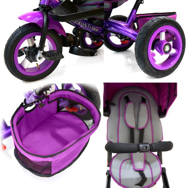 Велосипед 3-колесный цвет – фиолетовый, с резиновыми надувными колесами 12 и 10 дюймов, складной руль, светомузыкальная панель  