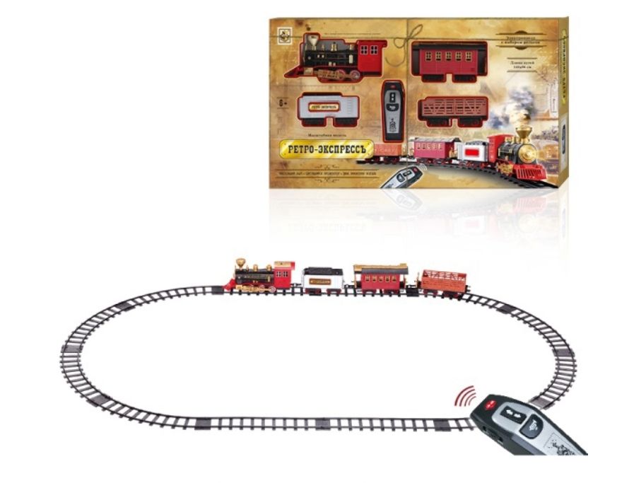 Железная дорога с пультом Ретро-поезд, 19 деталей, 3 вагона, пульт, свет, звук, дым  
