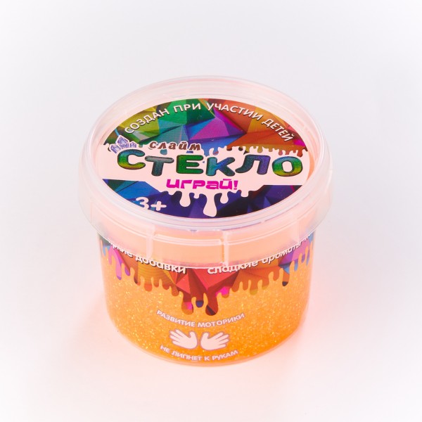 

Слайм – Стекло с оранжевыми неоновыми блестками 100 грамм в банке