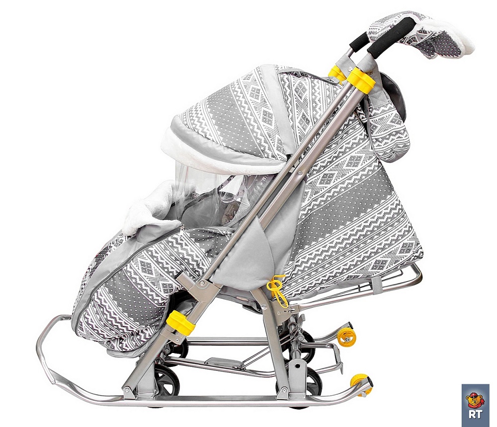 Санки-коляска Snow Galaxy Luxe, цвет – серая, на больших мягких колесах, с сумкой и муфтой  
