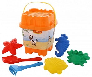 Набор №592: ведро-замок большое с наклейкой, ситечко-замок большое, лопатка №5, грабельки №5, формочки 4 шт (Полесье, 62468)