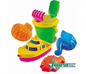 Набор для песка №63 – 3 формочки, пароходик, совок, грабли, ведро, сито (Нордпласт, Н-431776) (ассортимент)