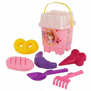 Набор Disney София Прекрасная №5: ведро-замок большое с наклейкой, ситечко-замок большое, лопатка №32, грабельки №32, формочки 4 шт (Полесье, 66183)