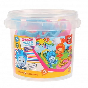 Набор теста для лепки 12 цветов – Фиксики, с 4 формочками и аксессуарами, в ведре (MultiArt, 250MOLD-FIX)