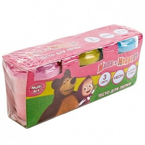 Тесто для лепки из серии Маша и Медведь, 3 цвета неон и формочки на крышках (Multiart, 350PD-N-MMsim)