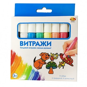 Набор для создания витражей: 6 витражей, 2 контурных фломастера и 6 разноцветных фломастеров (Abtoys, A2416-1)
