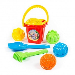 Набор №142: ведро-цветок среднее, ситечко-цветок, лопатка №5, грабельки №5, 4 формочки (Полесье, 2906)