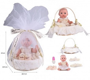 Интерактивный пупс в корзинке с аксессуарами, пьет и писает, золотистый (Junfa, DH2206C)