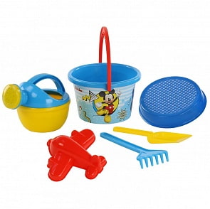 Набор Disney - Микки и Веселые гонки №8: ведро среднее с наклейкой, ситечко, лопатка, грабельки, формочка-самолет, лейка малая №4 (Полесье, 66985) (ассортимент)