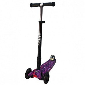 Самокат 3-колесный складной, управление наклоном, светящиеся колеса 120 и 76 мм., цвет – черный с фиолетовым принтом (Next, S098-3sim)