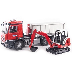 Самосвал Mercedes-Benz с мини экскаватором Schaeff HR16 (Bruder, 03-624) - миниатюра